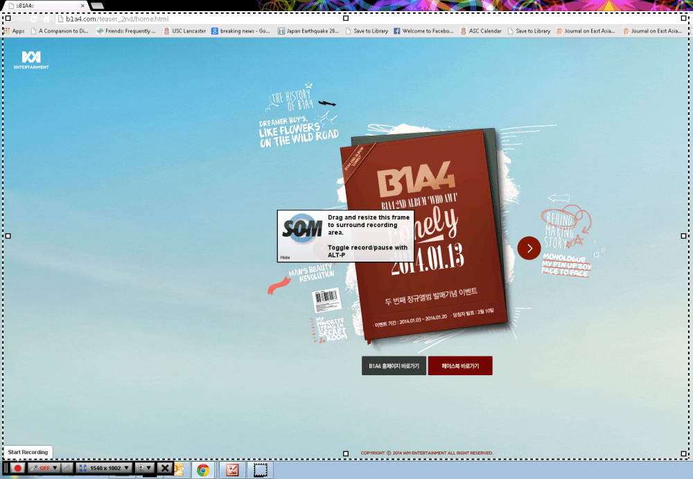 Recording B1A4's latest website. See Screencast-O-Matic interface (dotted lines, recording control panel).